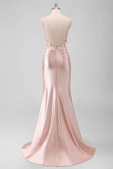 Havfrue Fersken Blomsterkorset Lang Gallakjole med Slids